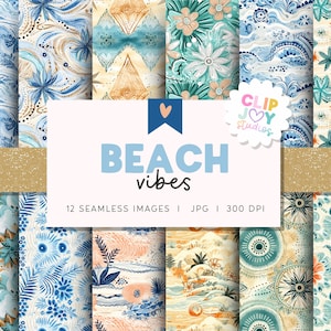 May include: A digital art graphic featuring 12 seamless images with a beach theme. The designs include floral, wave, and geometric patterns in shades of blue, teal, orange, and gold. The text "Beach Vibes" is displayed with the "Clip Joy Studios" logo.