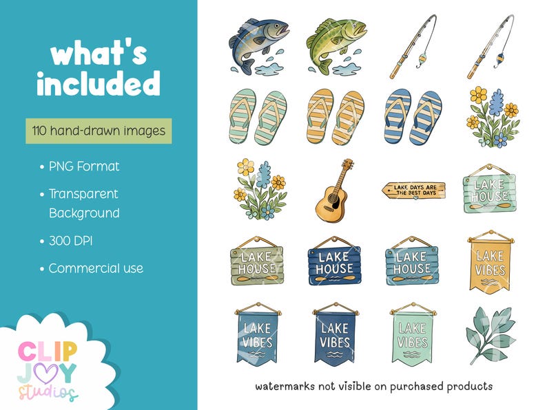 May include: Watercolor illustrations of lake-themed items, including fish, fishing rods, flip-flops, flowers, a guitar, and signs that say "Lake Days Are The Best Days", "Lake House", and "Lake Vibes". The image also includes text that says "what's included" and "110 hand-drawn images".