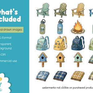 May include: Digital illustrations of camping-themed items, including Adirondack chairs, water bottles, backpacks, birdhouses, blankets, and a campfire. The image includes the text "what's included" and details about the product, such as "110 hand-drawn images" and "PNG Format".