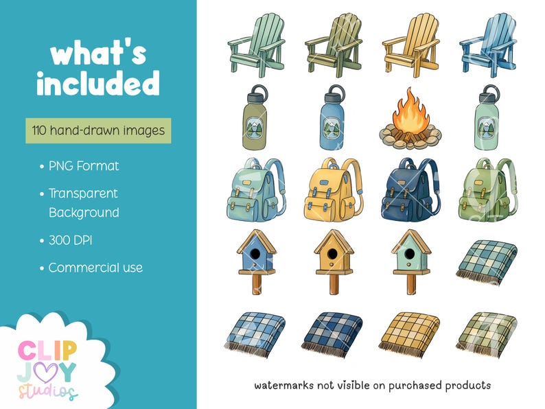 May include: Digital illustrations of camping-themed items, including Adirondack chairs, water bottles, backpacks, birdhouses, blankets, and a campfire. The image includes the text "what's included" and details about the product, such as "110 hand-drawn images" and "PNG Format".