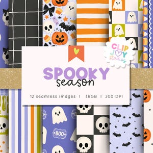 May include: A digital collection of 12 seamless Halloween-themed patterns featuring illustrations of ghosts, skulls, pumpkins, bats, candy corn, and cauldrons in purple, orange, black, and white. The text reads SPOOKY season and CLIP JOY STUDIOS.