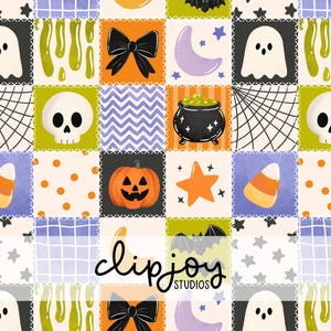 Puede incluir: Un patrón de mosaico repetitivo con iconos de Halloween que incluyen fantasmas blancos, lazos negros, lunas moradas, baba verde, calaveras, calderos negros con líquido verde, calabazas naranjas, estrellas naranjas y dulces de maíz.