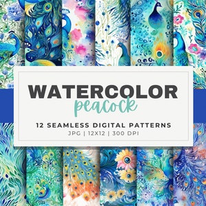 Watercolor Peacock Patterns Digital Papers, 12 Seamless, 12x12 Bird Inspired Design, For Digital Background, Scrapbook, Sublimation + Crafts