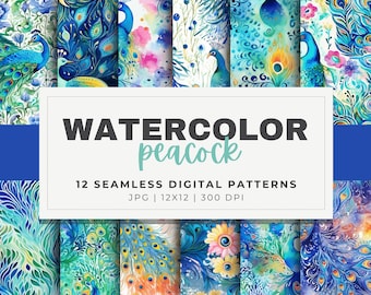 Watercolor Peacock Patterns Digital Papers, 12 Seamless, 12x12 Bird Inspired Design, For Digital Background, Scrapbook, Sublimation + Crafts