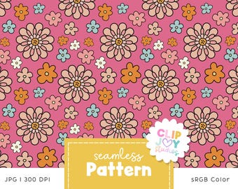 Retro Floral Seamless Pattern: Groovy 70s Printable Paper