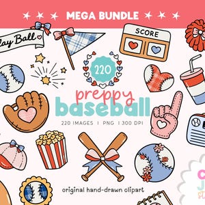 Könnte beinhalten: Eine Sammlung handgezeichneter Baseball-Clipart-Elemente. Enthält Basebälle, Schläger, Handschuhe, Anzeigetafeln, Wimpel, Popcorn und ein Radio. Der Text lautet "MEGA BUNDLE" und "preppy baseball". Die Farbpalette umfasst Rot, Blau und Beige.