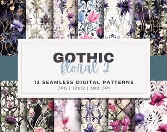 Watercolor Gothic Floral Patterns, Digital Paper Bundle, 12 Seamless Patterns, 12x12 JPG Download, Decorative Printable Pages, Floral Design