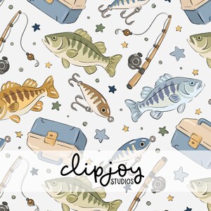 May include: A repeating pattern featuring cartoon fish, fishing rods, tackle boxes, and lures on a white background. The fish are in shades of green, yellow, and blue. The fishing rods are brown and grey, and the tackle boxes are blue and tan.