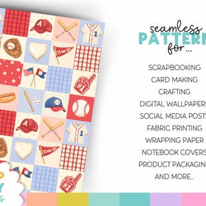 K&ouml;nnte beinhalten: Ein nahtloses Muster im Baseball-Design mit Quadraten, die Baseb&auml;lle, Schl&auml;ger, Trikots, Kappen und Flaggen zeigen. Der Text "seamless pattern for..." wird angezeigt, mit Verwendungen wie Scrapbooking und digitalen Tapeten.