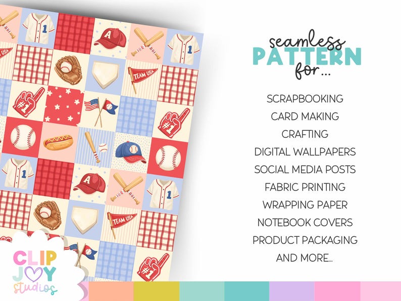 K&ouml;nnte beinhalten: Ein nahtloses Muster im Baseball-Design mit Quadraten, die Baseb&auml;lle, Schl&auml;ger, Trikots, Kappen und Flaggen zeigen. Der Text "seamless pattern for..." wird angezeigt, mit Verwendungen wie Scrapbooking und digitalen Tapeten.