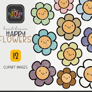 Imágenes prediseñadas de flores de primavera pastel, flor kawaii feliz, lindos gráficos PNG florales de arcoíris sonrientes, manualidades, elementos de diseño, uso comercial