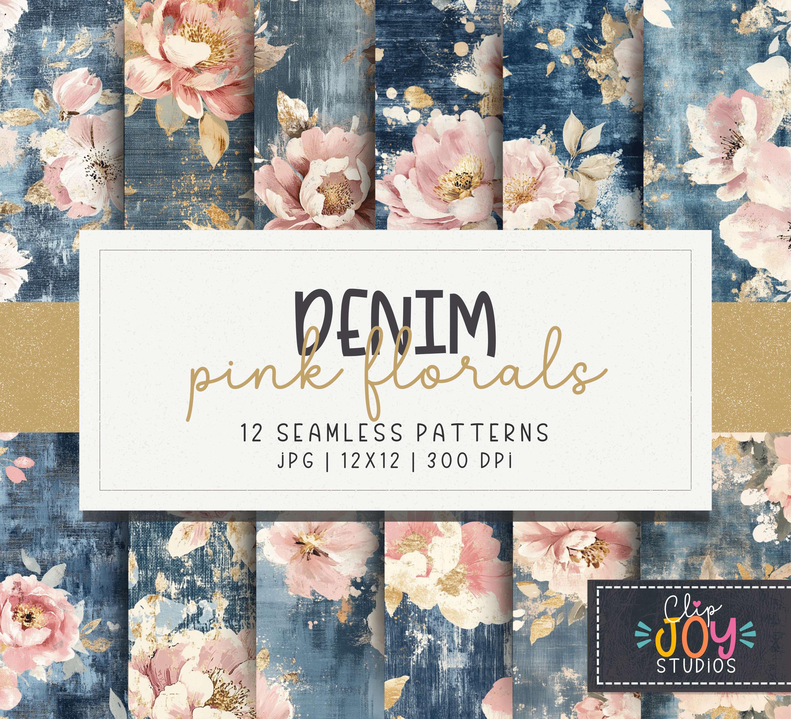 Rustic Pink Floral Digital Paper – Seamless Blush Flowers on Blue Denim ...