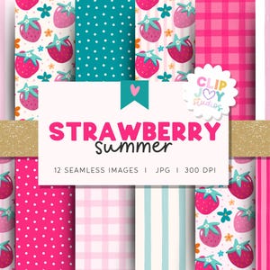 Strawberry Summer Seamless Pattern Bundle, Pink Floral Stripe Digital Paper