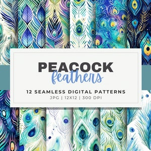 Watercolor Peacock Patterns Digital Papers, 12 Seamless, 12x12 Feathers Design, For Digital Background, Scrapbook, Sublimation Crafts image 1