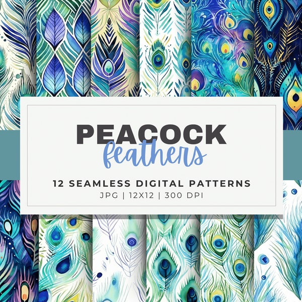 Watercolor Peacock Patterns Digital Papers, 12 Seamless, 12x12 Feathers Design, For Digital Background, Scrapbook, Sublimation + Crafts