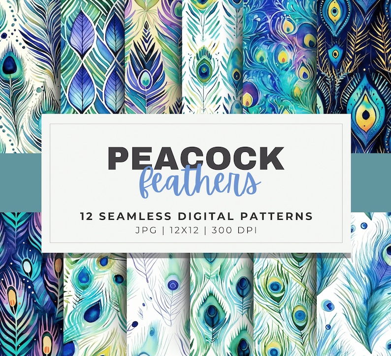 Watercolor Peacock Patterns Digital Papers, 12 Seamless, 12x12 Feathers Design, For Digital Background, Scrapbook, Sublimation Crafts image 1