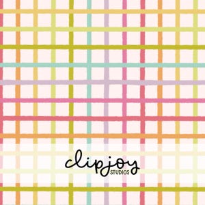 May include: A colorful plaid pattern with intersecting lines in shades of pink, orange, yellow, green, blue, and purple on a light pink background. The text "clipjoy studios" is written in black cursive at the bottom.
