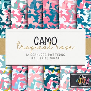 Rose Camo Digital Paper: Pink Camouflage Scrapbook Background (12x12in, 300 DPI) (Digital Download)