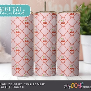 Cherry Tumbler Wrap - 20 Unzen nahtlose Sublimation PNG, rosa Schleifengitter-Digitaldesign, Retro-Fruchtmuster | 300 DPI | Sublimation Download