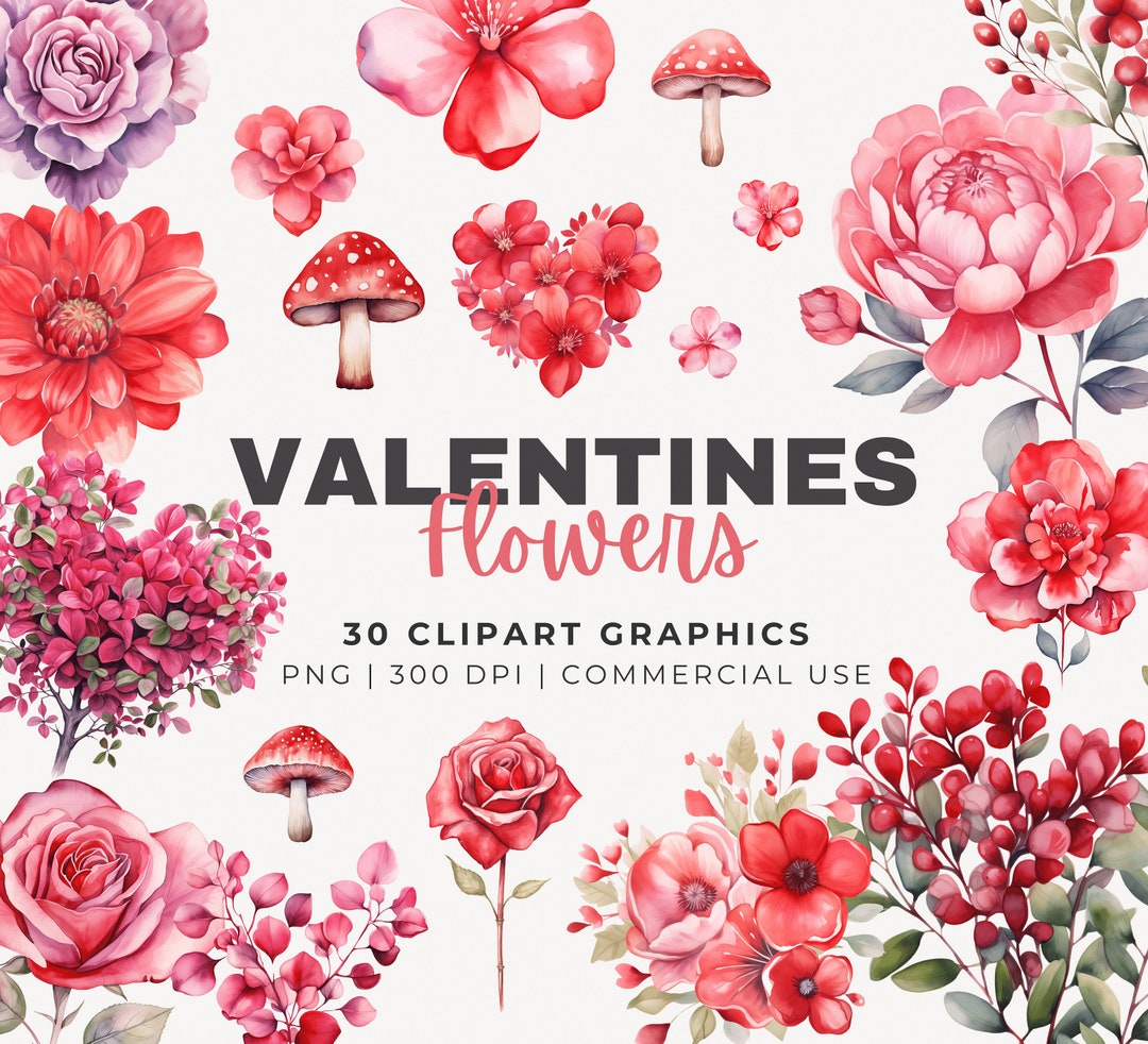 Valentine Flowers Watercolor Collection, Red and Pink Floral Clip Art ...