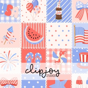 Może przedstawiać: Wzór patchwork z patriotycznymi symbolami w kolorach czerwonym, białym i niebieskim. Projekt zawiera napis "USA", balony, butelkę sody, kokardy, amerykańską flagę, fajerwerki, plaster arbuza, klapki i wiatraczek. Obecne jest również logo "clipjoy studios".