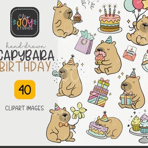 Capybara Birthday Clipart – Hand Drawn Capybara Images – 40 Cute Party Transparent PNGs for Stickers, Invitations, Sublimation and More, POD