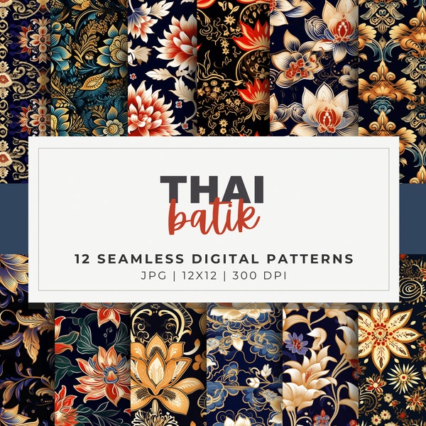 Thai Batik Pattern Digital Paper, 12 Seamless, 12x12 Oriental Inspired Design, Digital Background, Scrapbook, Sublimation, POD + Crafts