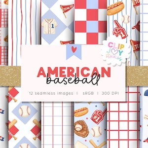 Può includere: Una collezione di 12 immagini digitali senza soluzione di continuità con tema baseball americano. I disegni includono palline da baseball, mazze, hot dog, maglie, bandiere e motivi a scacchi in rosso, bianco e blu. Il testo centrale recita "AMERICAN baseball".