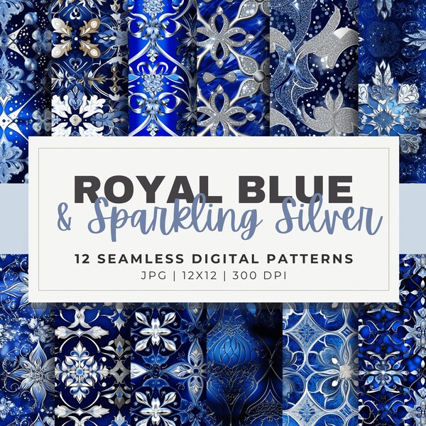 Royal Blue and Sparkling Silver Damask Patterns, Digital Paper Bundle, 12 Seamless Patterns, 12x12 JPG Download, Decorative Printable Pages