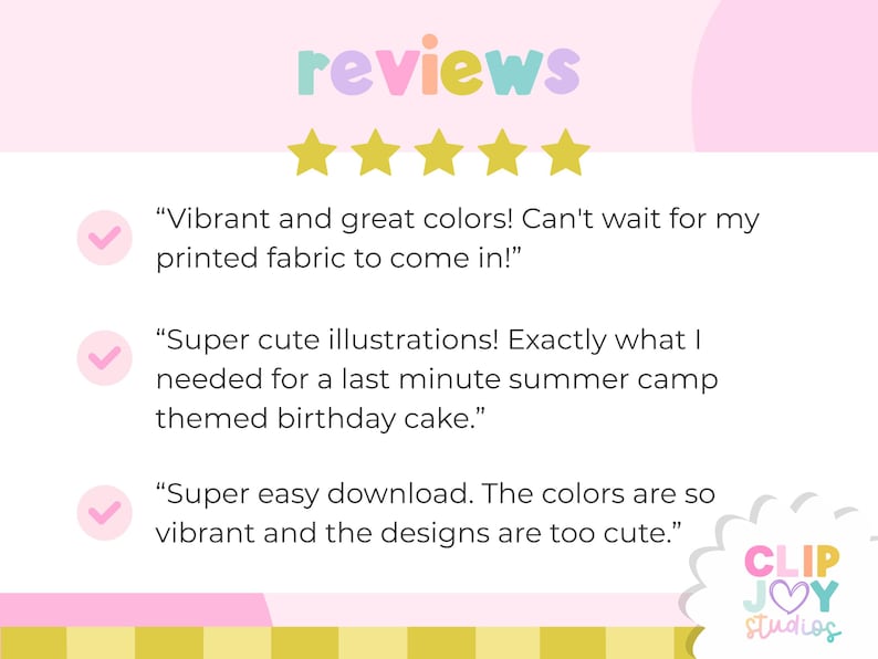 K&ouml;nnte beinhalten: Eine pastellfarbene Grafik mit dem Wort &bdquo;reviews&ldquo; und f&uuml;nf goldenen Sternen. Drei Kundenbewertungen werden angezeigt, in denen die leuchtenden Farben, die niedlichen Illustrationen und der einfache Download gelobt werden. Das Logo von Clip Joy Studios befindet sich unten rechts.