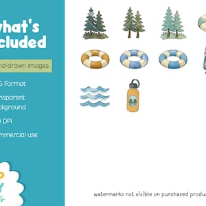May include: A collection of hand-drawn images featuring trees, life preservers, a lantern, water waves, and a water bottle. The text "what's included" and "110 hand-drawn images" are visible. The images are in PNG format with a transparent background and 300 DPI.