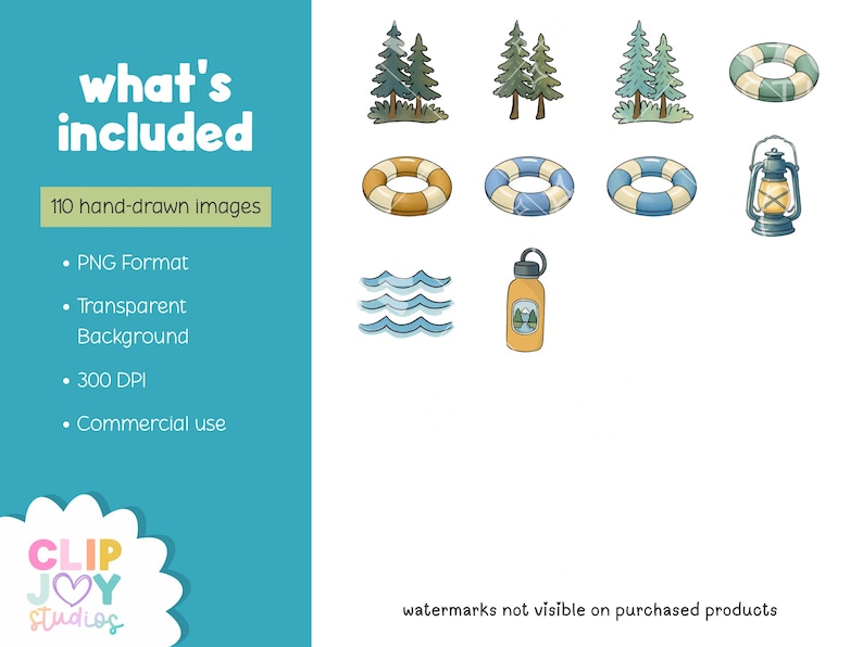 May include: A collection of hand-drawn images featuring trees, life preservers, a lantern, water waves, and a water bottle. The text "what's included" and "110 hand-drawn images" are visible. The images are in PNG format with a transparent background and 300 DPI.