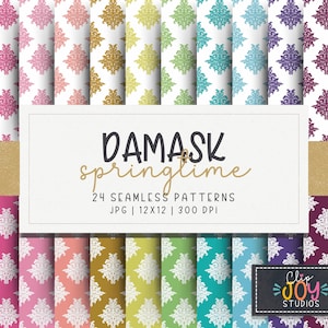 Papel Digital Damasco Soft Spring | 24 Padrões Florais Sem Costura | Designs Pastel Elegantes para Fundo, Artesanato, Scrapbooks, Uso Comercial