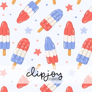 May include: A repeating pattern of red, white, and blue popsicles on a light blue background. The popsicles have wooden sticks and are decorated with stars. Scattered around are red and blue dots and star shapes. The text "clipjoy STUDIOS" is in the lower part of the image.