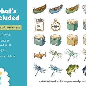May include: Watercolor illustrations of outdoor and lake-themed items, including canoes, playing cards, a compass, coolers, a dock, dragonflies, and fish. Text includes "what's included" and "110 hand-drawn images."