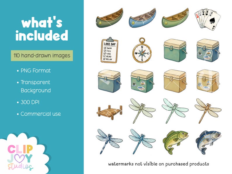 May include: Watercolor illustrations of outdoor and lake-themed items, including canoes, playing cards, a compass, coolers, a dock, dragonflies, and fish. Text includes "what's included" and "110 hand-drawn images."
