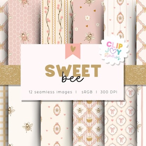 Peut inclure: Une collection de 12 motifs numériques sans couture présentant des abeilles, des nœuds roses, des pots de miel et des motifs floraux dans une palette de couleurs douces. L'étiquette centrale blanche affiche le texte CLIP JOY STUDIOS, SWEET bee, 12 seamless images, sRGB, 300 DPI.