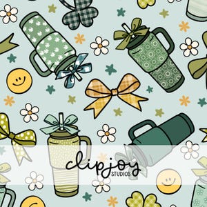 May include: A seamless pattern featuring green tumblers with handles, adorned with bows and floral designs. The pattern includes shamrocks, daisies, stars, and smiley faces on a light blue background. The text "clipjoy studios" is also present.