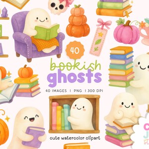 Peut inclure: Ensemble de cliparts aquarelle avec des fantômes, des livres et des citrouilles mignons. L'image comprend le texte "bookish ghosts" et "cute watercolor clipart". Les illustrations sont dans un style fantaisiste, parfait pour les projets d'automne.
