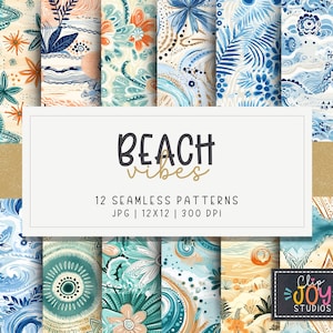 Beach Vibes Pattern Digital Paper, 12 Seamless, 12x12 Tropical Ocean Design, For Digital Background, Scrapbook, Sublimation, Crafts