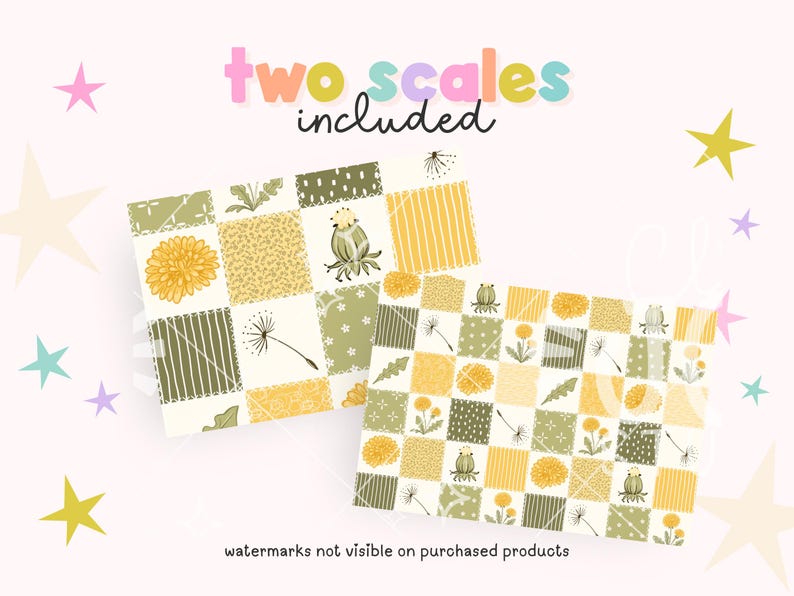 Op de afbeelding: Twee rechthoekige digitale patroonvellen met een raster van vierkanten met gele paardenbloemen, groene bladeren en witte paardenbloemzaden op een lichte achtergrond. De tekst "two scales included" staat bovenaan de afbeelding.