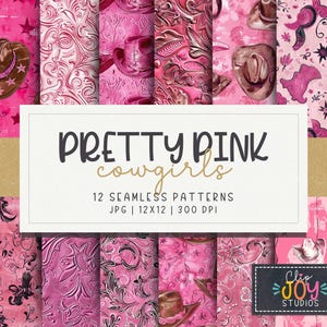 Pretty Pink Cowgirl Digital Papers, 12 Western Seamless Textures, 12x12, JPG File Download, Printable, Sublimation, Commercial Use