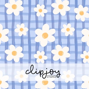 May include: A repeating pattern of white daisies with yellow centers on a light blue plaid background. The image includes the text "clipjoy studios" in a handwritten font.