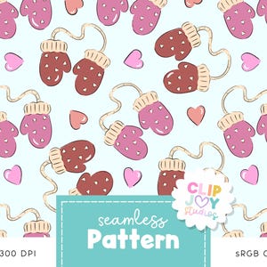 Winter Mittens with Hearts Seamless Pattern, Cozy Repeating Fabric Design for Sublimation, Original Art