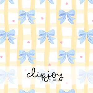 May include: A repeating pattern featuring light blue bows with white polka dots and small pink hearts on a yellow and white striped background. The text "clipjoy STUDIOS" is in the lower part of the image.