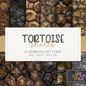 Puede incluir: Una colección de 12 patrones sin costuras con diseños de caparazón de tortuga en varios tonos de marrón, negro y dorado. El texto "Tortoise Shells" se muestra encima de las muestras de patrones, junto con detalles sobre el formato y la resolución del archivo.