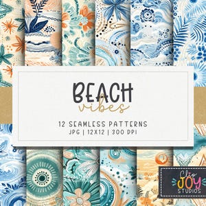 Beach Vibes Pattern Digital Paper, 12 Seamless, 12x12 Tropical Ocean Design, For Digital Background, Scrapbook, Sublimation, Crafts