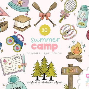 Clipart de campamento de verano dibujado a mano: 30 PNG / Ilustraciones de campamento en tonos pastel para pegatinas, agendas, sublimación y manualidades, uso comercial