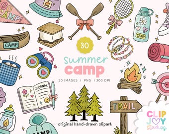 Hand-Drawn Summer Camp Clipart – 30 PNGs | Preppy Pastel Camping Illustrations for Stickers, Planners, Sublimation & Crafts, Commercial Use
