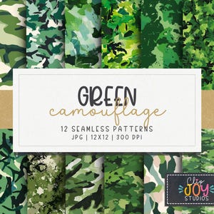 Green Camouflage Digital Paper: Seamless Camo Textures (12x12 JPG File Download)